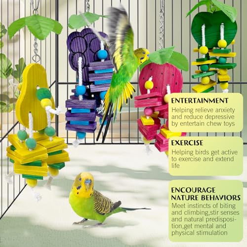 Hamiledyi Natural Wood Block Bird Cage Toys Parrot Chewing Toy Apple&Grape&Pear&Strawberry Shaped Hanging Foraging Toy for Small&Medium Birds Parakeets Cockatiels,4pcs - style: C
