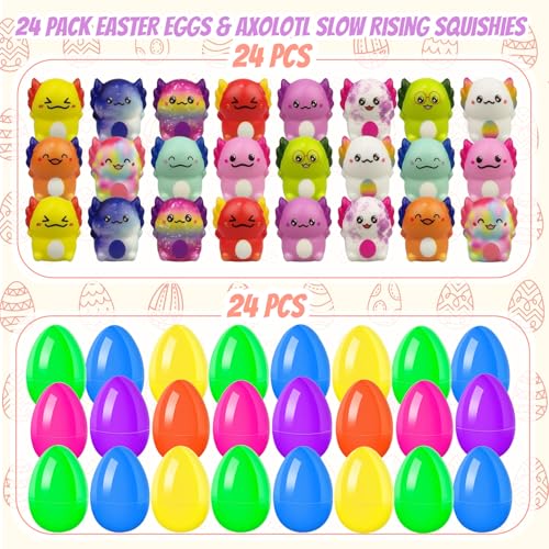 24 Pack Prefilled Easter Eggs With Toys Slow Rising Squishy Axolotl, Kids Easter Basket Stuffers for Boys Girls, Non Candy Easter Gifts for Kids Egg Hunt Supplies Party Favors