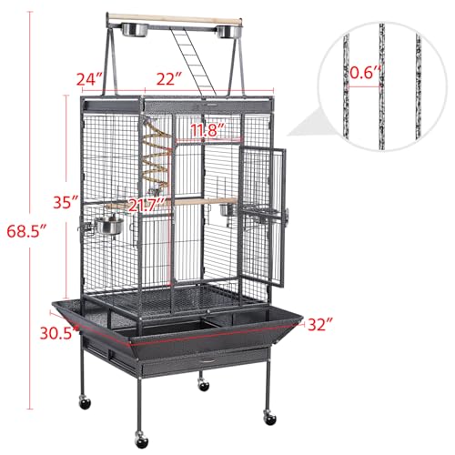 Yaheetech 69" Large Bird Cage, Rolling Parrot Cage for Parakeets Cockatiels | Play Top with Ladder & Feeders, Slide-Out Tray, Rolling Stand, Wrought Iron Cage for Small Medium Birds, Indoor Outdoor
