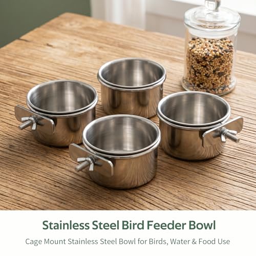4pcs Stainless Steel Bird Food & Water Bowls with Clamp Holders - 3.9 * 1.7" Durable Cage Feeders for Parrots, Conures, Budgies, Parakeets, Lovebirds - Easy-Clean Pet Bird Feeding Cups
