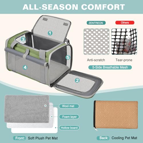 Cat Carrier Airline Approved Privacy Portable Top Load Pet Travel Bag | Soft Sided Pet Carriers for Small Cats Dogs Puppy up to 16 Lbs,Collapsible,Zipper Lock,Luggage Sleeve,2 Storage,Washable - color: Grass Green