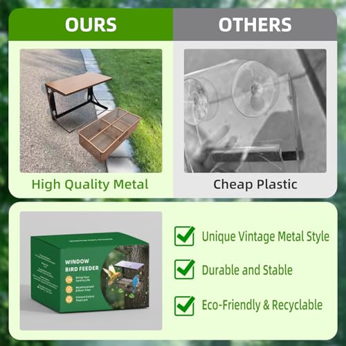 Window Bird Feeder Metal Bird Feeder for Outdoors Birdwatching | with 4 Strong Suction Cups and Adhesive Hook, Sturdy Rust-proof Gifts for Cats & Nature Lovers