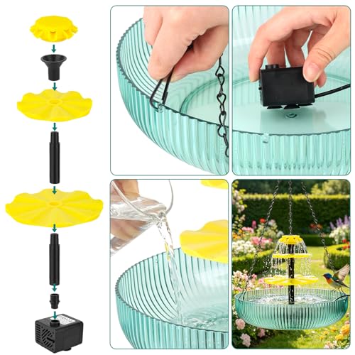 3-Tier Hanging Solar Bird Bath Fountain - Solar Powered Cascading Water Fountain with 16.4FT Extra Long Cord for Outdoor Garden Patio Yard Hummingbirds & Wild Birds Decoration