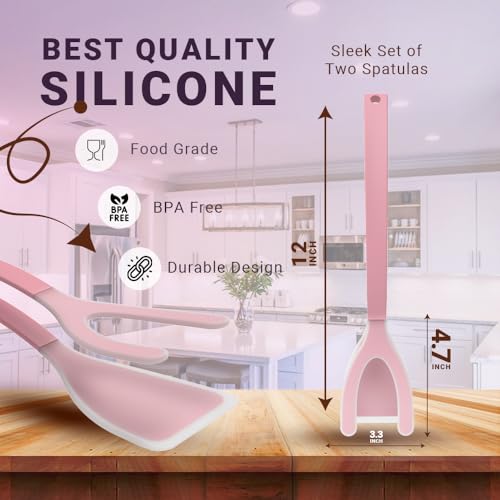 Silicone Egg Flipper Spatula Tongs (Set of 1) – Non-Stick 2-in-1 Grip & Flip Kitchen Tongs for Pancakes, Fish, Eggs, and More – Heat Resistant Cooking Tool (Pink) - color: Pink