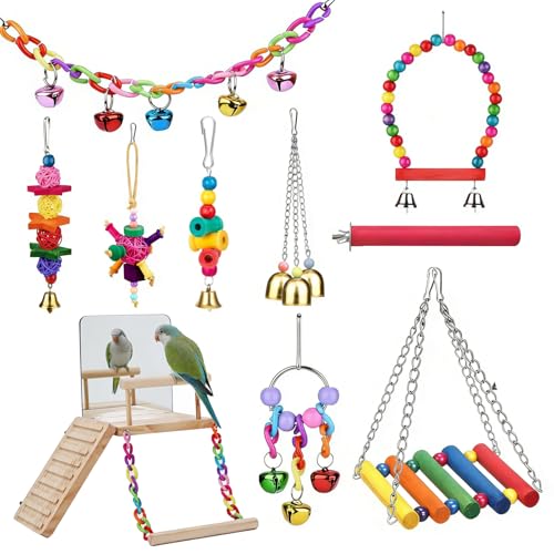 Bird Toys cage Accessories Parakeet Parrot Swing Wood Stand Perch with Mirror Climbing Ladder Interactive Hanging Toy for Budgerigar Conure Cockatiel mynah Finches