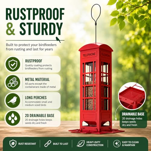Squirrel Proof Bird Feeder, 3.2LB Large Capacity Metal Mesh Hanging Bird Feeder for Outdoors with Weight-Activated Perches for Cardinals, Finches, Chickadees & Blue Jays, for Dad - color: red