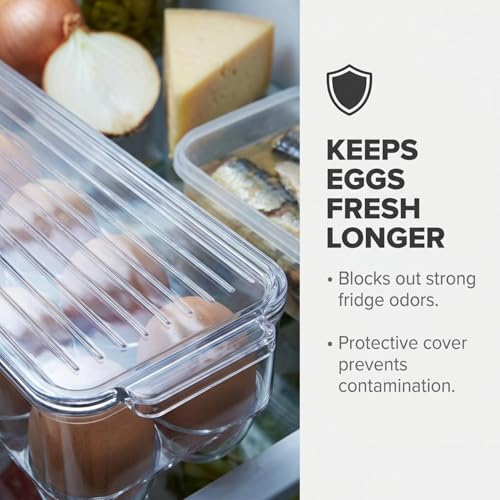 American Dream Fridge Bin Egg Holder for Refrigerator, 14-Egg Storage Container with Lid, Stackable BPA-Free Plastic Organizer Tray for Kitchen Fridge – Clear
