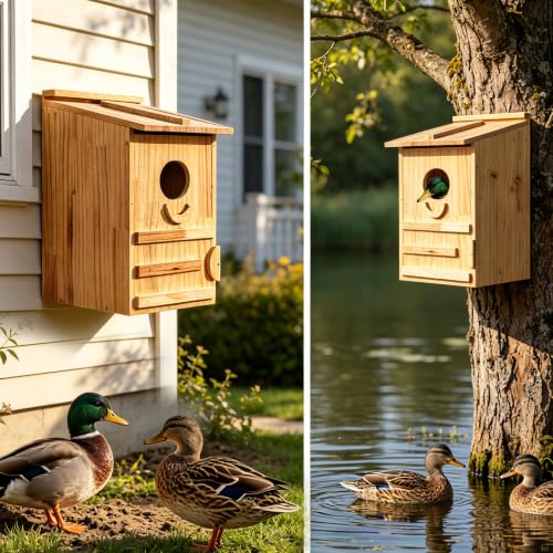 Extra-Large Wood Duck House - Handcrafted Natural Solid Wood Nesting Box for Wood Ducks & Mergansers, Easy Pole Mounting Kit for Pond, Wetland & Backyard
