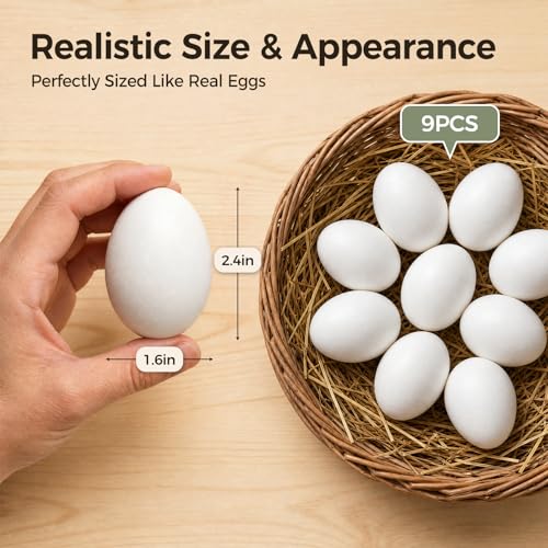 Wooden Fake Eggs, 9 PCS White Easter Eggs | Artificial Eggs for Nesting Box, Crafts, DIY Project, Decorating, Paintable, Pretend Kitchen Accessories