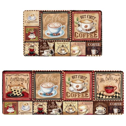 Coffee Anti Fatigue Kitchen Mats, 17.3"x47"+17.3"x29", Brown | Cushioned Non Slip Memory Foam Waterproof, Latte Cappuccino Kitchen Decor Rugs for Floor, Set of 2 for Sink Laundry Office - color: Coffee