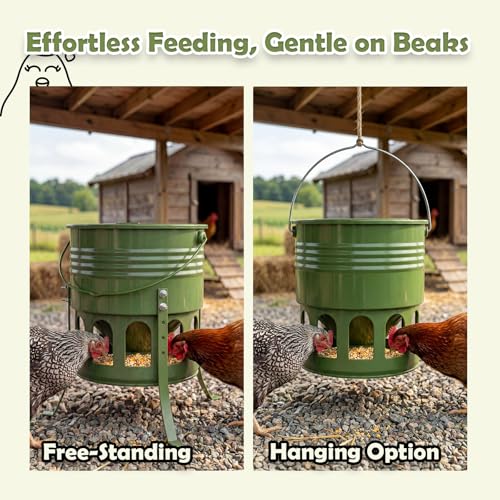 Metal Chicken Feeder No Waste - 20LB Large Chicken Feeder with 12 Ports & 4 Adjustable Heights Tripod Stand, Automatic Hanging Poultry Feeder, Rainproof for Backyard Chickens & Small Flocks