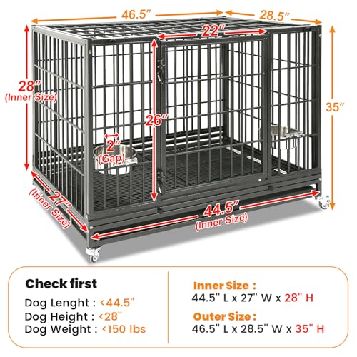 Homey Pet Large Dog Crates for Large Dogs, 47 Inch Heavy Duty Stackable Dog Cage with 2 Bowls, 4 Wheels, Double Removable Trays and Grids, Escape Proof Metal Wire Dogs Kennel Indoor - size: 47.0"L x 28.5"W x 35.0"H
