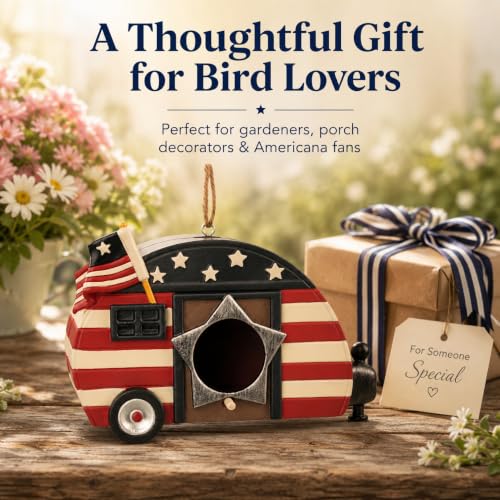 Hanging Bird House for Outside, Hand-Painted Patriotic Camper Birdhouse, Resin American Flag Bird House with Cleaning Plug, Outdoor Garden Decor for Yard, Patio, Porch, Tree, Gift for Bird Lovers - style: american flag