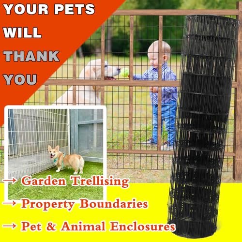 Welded Wire Fence 48inx50ft, 16GA, Mesh Size 2" x 3" Black Hardware Cloth, Chicken Wire Fence, PVC Coated Garden Border Fencing, Vinyl Coating Metal Wire Mesh for Yard, Dog Vegetable, Plant - size: 48inx50ft