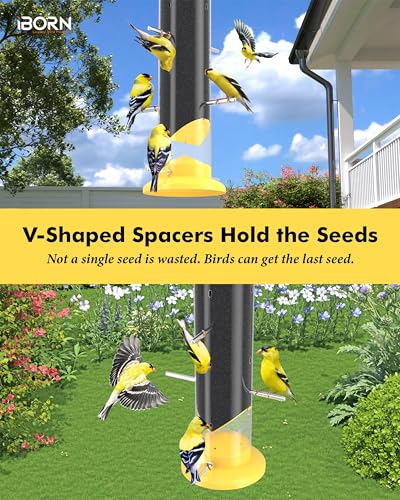 iBorn Finch Feeders for Outside,Nyjer/Thistle Bird Feeder,14 Inch Tube Bird Feeders for Outdoors Hanging,Metal Finch Feeders for Thistle Seed with 12 Small Ports,8 Metal Perches,Yellow,Pack of 1