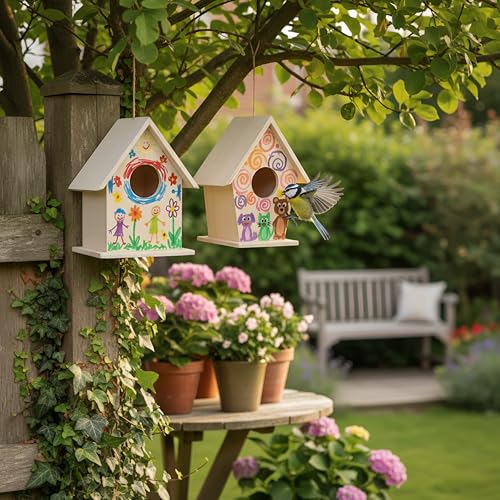 Jetec 12 Pieces Bird House Craft Wooden Birdhouse Kit Build and Paint Birdhouses Unfinished Bird Houses Wooden Arts for Summer Arts and Craft Projects 3 Sizes
