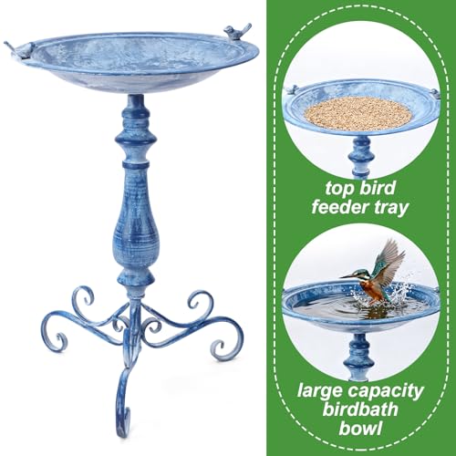 Newtay 27.25" Ornate Metal Pedestal Style Birdbath with Cast Iron Vintage Birds Baths for Outdoors on Rim Full Base Standing Bird Bath Tray for Garden Yard Decoration Not Easy to Rust (Blue) - color: Blue