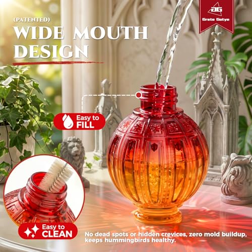 Glass Hummingbird Feeder for Outdoors Hanging, 26 fl oz Bird Nectar Feeder | 5 Metal Flower Feeding Ports, 360° Perch Ring, Easy Refill Clean, Leakproof, Ideal for Backyard Garden Decor, Orange & Red - color: Orange-Red Gradient