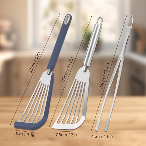 3pcs Silicone Fish Spatula Set with Stainless Steel Turner & Tongs Tweezers, Heat-Resistant Flexible Kitchen Utensils for Nonstick Cookware for Flipping Fish Meat Pancakes Eggs & Burgers