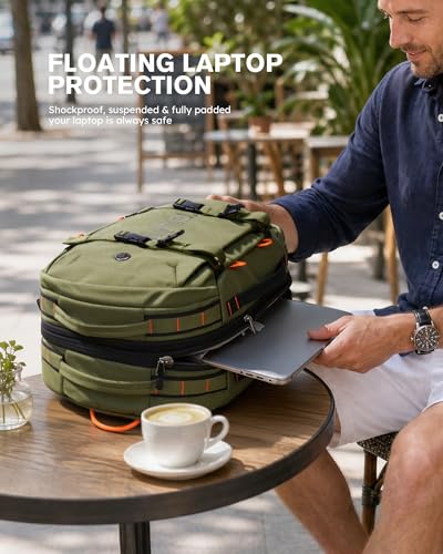 Tolaccea Travel Backpack 40-50L, 16" Laptop Carry On Duffle for Travel Work | 40-50L Expandable, TSA Approved 180° Open, 3L Wet-Dry Pocket, RPET Fabric, 3-in-1 Convertible Carrying, Detachable Waist Belt - color: Army Green