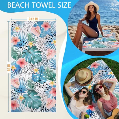 Holiday Beach Towel Bag 2 in 1 Tropical Leaves Beach Towel Backpack Convertible for Women Men - color: Tropical Leaves Blue