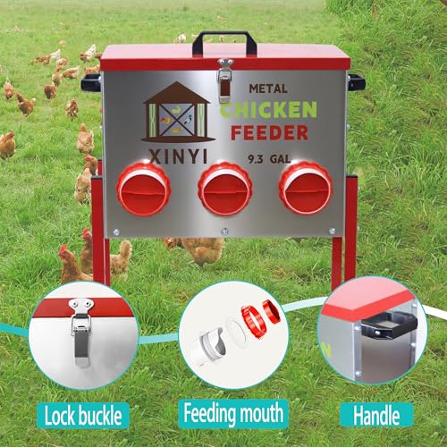 XINYI 9.3 Gallon Automatic Chicken Feeder, 6 Ports Gallon Chick Feeder No Waste with Adjustable Legs, Rodent Proof & Weatherproof Metal Raised Poultry Feeder - size: 6 ports with legs