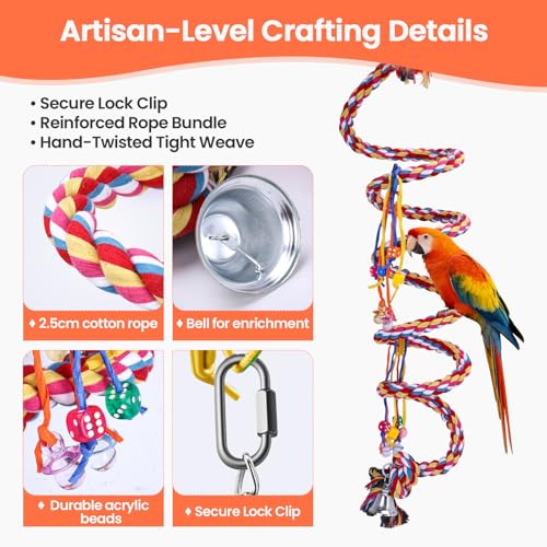 110" Ultra Long Bird Rope Perch Toys for Macaws. Heavy Duty Climbing Swing | For Cockatoos, African Greys, Amazons,Large Bird | Bell & Acrylic Enrichment Chewing Toys| 1''Thick Cotton Rope Spiral Play
