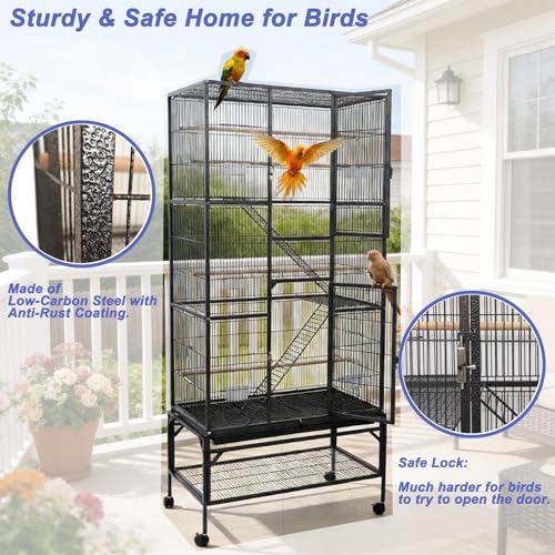 69.5 Inch Large Bird Cage, Parakeet Flight Cage with Rolling Stand, Storage Shelf, Tray, Perches, Feed Bowls, Extra Large Parrot Cage for Macaw, Cockatiel, Budgie, Conure, Lovebird & Finch