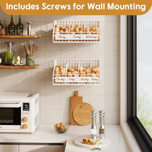 keomaisyto Fresh Egg Holder with 5 Dividers to Separate Eggs for a Week, 2 Tier Stackable Wire Baskets for Gathering Eggs, XXL Egg Rack for Countertop/Wall-Mounted, With DIY Labels, White - color: White, size: 2-Tier X-Large