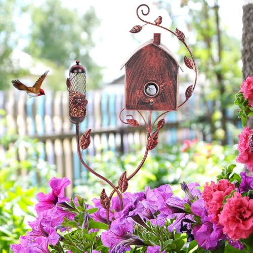 49" Bird Houses for Outside with Pole, Outdoor Metal Birdhouse with Mesh Feeder for Patio, Yard, Garden(Antique Bronze) - style: Cottage(Antique Bronze)