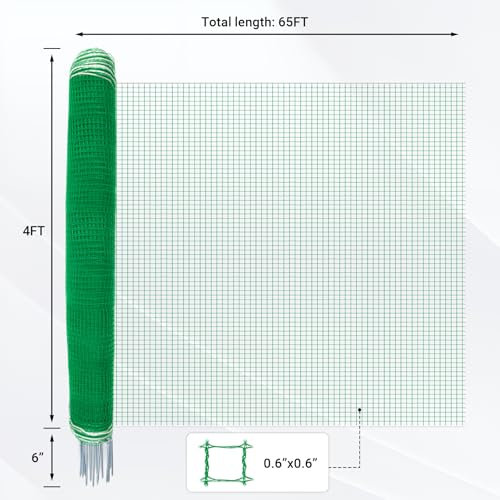 Temporary Fence with Posts 4' x 65' Suitable for Backyard, Garden | Boundary Chicken Fence with Double Spiked Fiberglass Posts & Windbreak Rope, Portable Non Electric Fence Netting - size: 4' x 65'