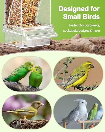 Pawfly Automatic Bird Feeder, Bird Feeder for Cage, No Mess Bird Feeder, Clear Acrylic Bird Cage Feeder, Parrot Feeder for Parakeet, Cockatiel, Budgie & Small Birds