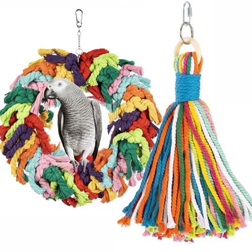 Parrot Swing for Large Birds | Colorful cotton rope hanging ring. Fits African Grey, Cockatoo, Conure, Parakeet. Encourages chewing, exercise, snuggling. - size: Parrot Swing+Colorful Rope