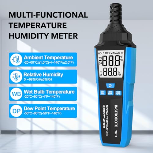 Temperature Humidity Meter, High Precision Digital Hygrometer with Ambient, Dew Point, Wet Bulb Temperature for Indoor Outdoor, Thermometer with Min/Max, Data Hold, LCD Backlight, TH11 - color: Blue, size: TH11