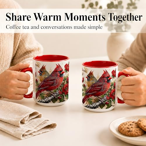 Botanical Cardinal Coffee Mug, Bird Lover Mug, Spring Garden Nature Gift for Home Office, Red Bird Pair with Floral Branch Artwork, Ceramic Red Accent Handle Cup 15 Oz Drinkware (Cardinal 15Oz) - color: Cardinal 15Oz