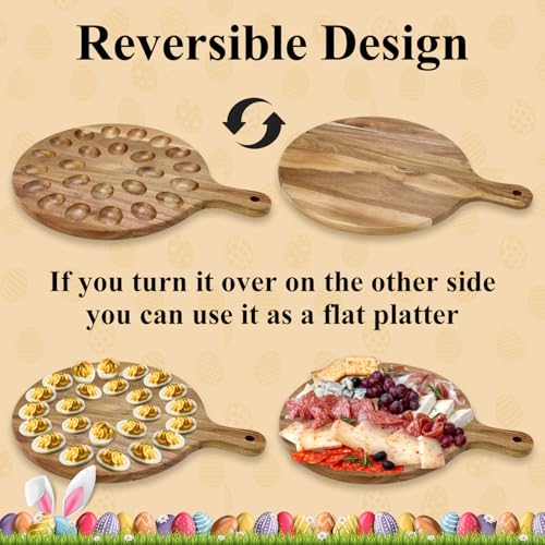 Wood Deviled Egg Holder Board Platter Serving Tray Eggs Carrier Plate Dish | Round Wooden Egg Container Cheese Charcuterie Boards Christmas Thanksgiving Hosting Essentials Easter Gift Devil Egg Holder