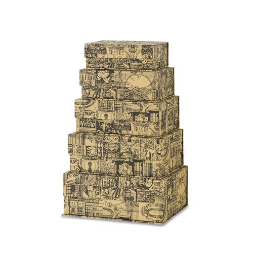 Soul & Lane - Vintage Voyage Decorative Boxes with Magnetic Lids, Set of 5 | Nesting Cardboard Keepsake Storage Boxes with Flip Closure, Large Antique Style Gift Organizers for Memories and Home Decor - color: Vintage Voyage