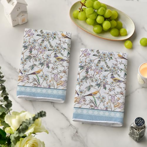 Artoid Mode Blue Retro Floral Bird Kitchen Towels Dish Towels, 18x26 Inch Farmhouse Spring Decoration Cleaning Set of 2