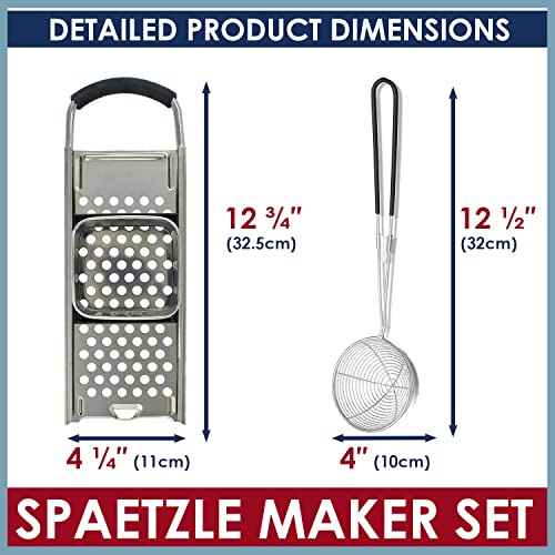 KEISSCO Stainless Steel Spaetzle Maker with Comfort Grip Handle, Homemade Traditional German Egg Noodle Dumpling Making Tool Set - color: Spaetzle Maker & Black Strainer