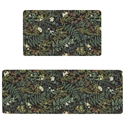 Green Botanical Anti Fatigue Kitchen Rugs, 17.3"x47"+17.3"x29" | Non Slip Comfort Washable Waterproof Fern and Leaves Floor Kitchen Decor Mat, Floral rug Set of 2 for Home, Sink, Laundry - color: Green Botanical