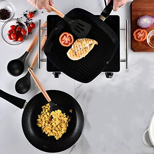 Non-Stick Silicone Cooking Utensils Set, 5 Pcs with Wooden Handle, Heat Resistant Silicone Kitchen Gadgets (Black) - color: 5 PCS Set Black