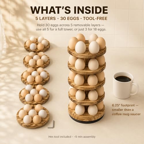 Wooden Egg Holder Countertop, 5 Tier 360° Rotating Fresh Eggs Storage Rack with 30 Slots, Pine Stackable Farmhouse Tower, Space-Saving Kitchen Organizer for Chicken Duck Easter - color: 30 Eggs - 5 Tier Round