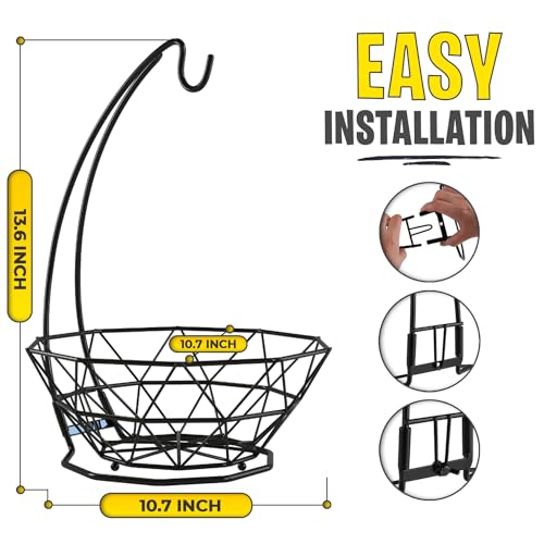 Fruit Basket with Banana Hanger, Fruit Bowl with Banana Holder, Fruit Bowl for Kitchen Counter used as Bread Basket, Vegetable Basket, Fruit Stand or Egg Holder with Bananatree - size: 1-Tier