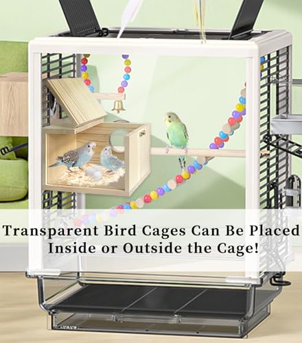 Large Parakeet Nesting Box for Cage,Transparent Bird Breeding Box Acrylic Parakeet Nest Natural Wood Bird Cage House for Parrot Cockatiel Budgies Canaries Lovebirds (L) - size: Large