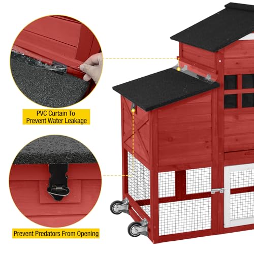 Aivituvin Chicken Coop Mobile Chicken House on Wheels, Rabbit Hutch Bunny Cage Expandable Wooden Poultry Cage with Large Nesting Box Leakproof Pull-Out Tray,UV-Resistant Roof (Red, AIR32) - color: Red, size: AIR32