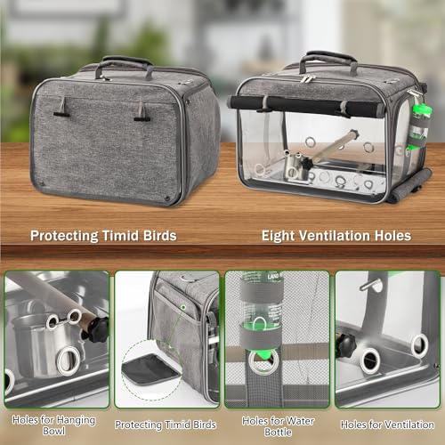 Bird Carrier Airline Approved, Bird Travel Cage with Indestructible Stainless Steel Mesh, Bird Travel Bag Lightweight and Portable with Water Bottle and Bowl - color: Grey