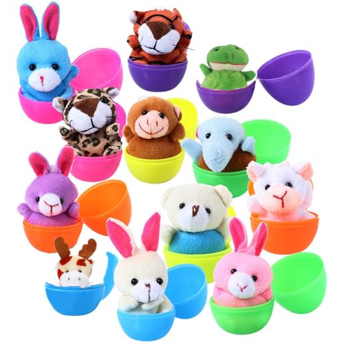 12 pcs Easter Eggs Filled with Mini Plush Animals Toy | for Easter Basket Stuffers/Fillers, Easter Eggs Hunt, Easter Party Favor - size: 12PCS