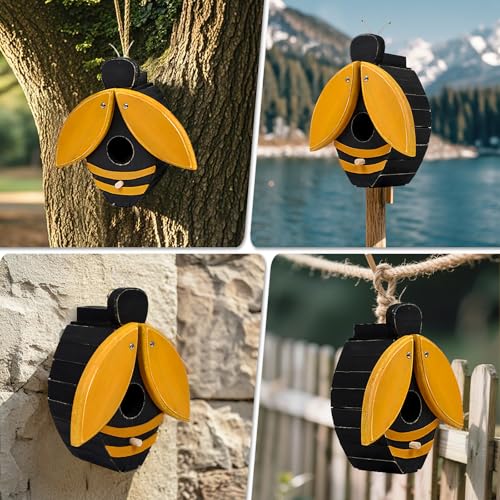 Bee Shaped Wooden Birdhouse - Handmade Bird Houses for Outside - Cute Bee Design for Garden Decoration