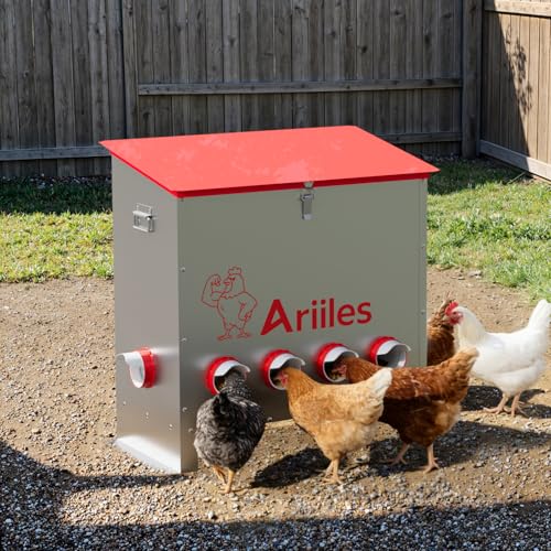 Automatic Chicken Feeder Box, 120lb Capacity, 10 No-Waste Ports, Metal Poultry Feeder with Covered Lid & Elevated Stand, Feed Dispenser for Chickens, Ducks & Backyard - size: 120 LB