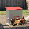 Automatic Chicken Feeder Box, 120lb Capacity, 10 No-Waste Ports, Metal Poultry Feeder with Covered Lid & Elevated Stand, Feed Dispenser for Chickens, Ducks & Backyard - size: 120 LB